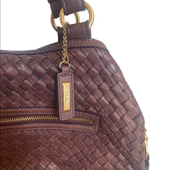 Cole Haan Genevieve Woven Leather Hobo Bag Brown Brass Hardware Shoulder Purse - Picture 3 of 9